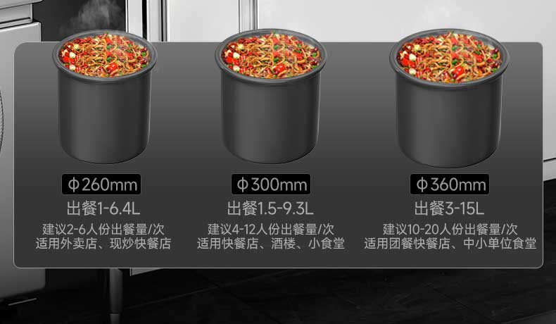 三种尺寸炒锅，满足不同用餐场景需求